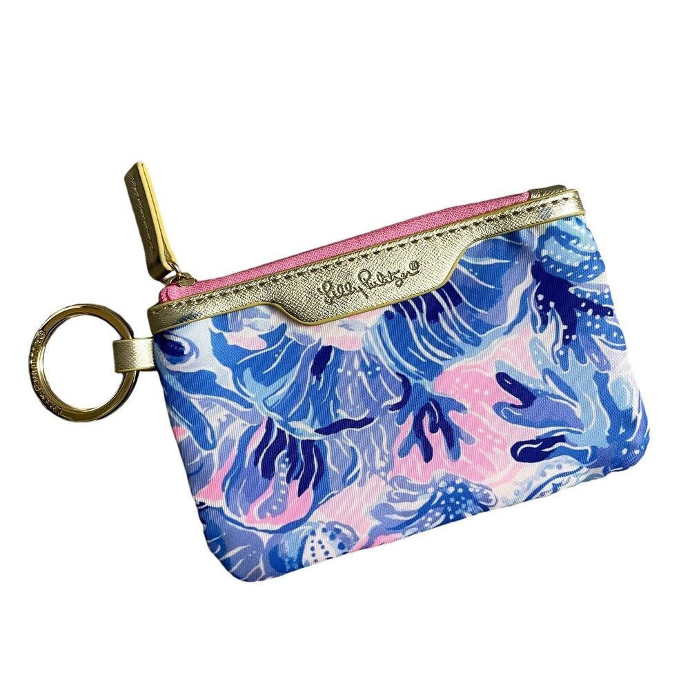 Lily Pulizer ID Case Zip Pouch Keyring Pink Beach Embossed Womens Gold Ocean